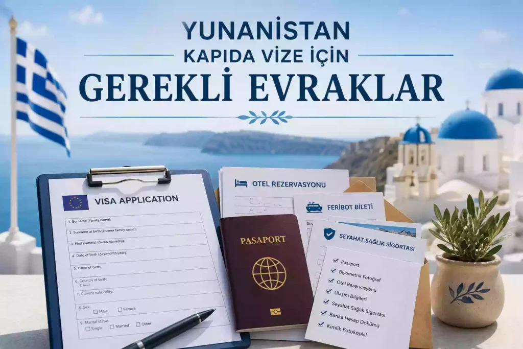 Kapıda vize başvurusu için gerekli belgeleri gösteren bilgilendirici görsel. Pasaport, biyometrik fotoğraf, başvuru formu, feribot bileti ve seyahat sigortası simgeleri yer almaktadır.